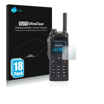 Parte frontal de un envase de producto con el logotipo de la marca Savvies. Al lado se muestra el dispositivo Motorola MTP850 