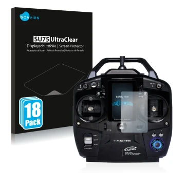 Parte frontal de un envase de producto con el logotipo de la marca Savvies. Al lado se muestra el dispositivo Futaba T4GRS con