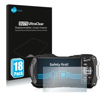 Parte frontal de un envase de producto con el logotipo de la marca Savvies. Al lado se muestra el dispositivo Ricoh WG-80 con 