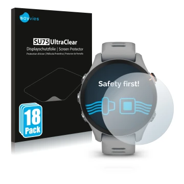 Parte frontal de un envase de producto con el logotipo de la marca Savvies. Al lado se muestra el dispositivo Garmin Forerunne