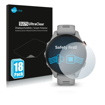 Parte frontal de un envase de producto con el logotipo de la marca Savvies. Al lado se muestra el dispositivo Garmin Forerunne