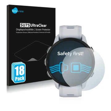 Parte frontal de un envase de producto con el logotipo de la marca Savvies. Al lado se muestra el dispositivo Garmin Forerunne