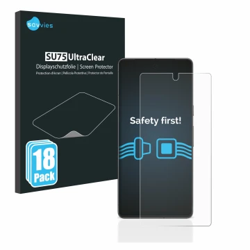 Parte frontal de un envase de producto con el logotipo de la marca Savvies. Al lado se muestra el dispositivo Google Pixel 7 c