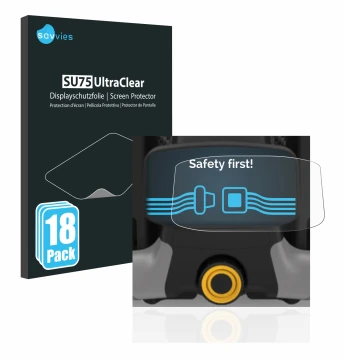 Parte frontal de un envase de producto con el logotipo de la marca Savvies. Al lado se muestra el dispositivo PowaKaddy CT8 co