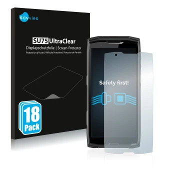 Parte frontal de un envase de producto con el logotipo de la marca Savvies. Al lado se muestra el dispositivo Crosscall Core-X