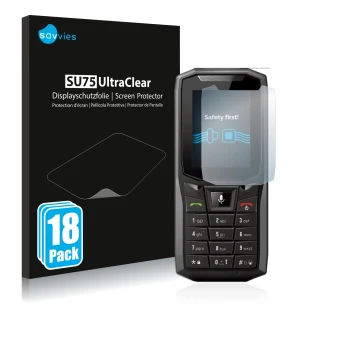 Parte frontal de un envase de producto con el logotipo de la marca Savvies. Al lado se muestra el dispositivo Crosscall Core-S