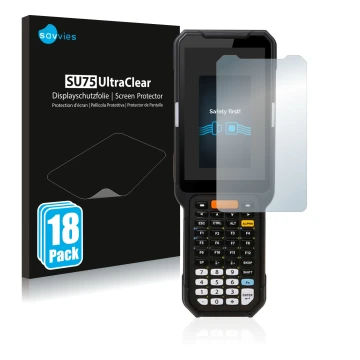 Parte frontal de un envase de producto con el logotipo de la marca Savvies. Al lado se muestra el dispositivo Point Mobile PM4