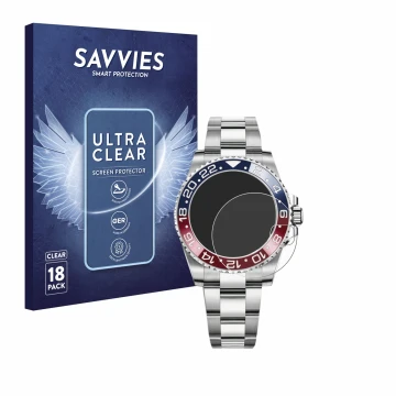 Parte frontal de un envase de producto con el logotipo de la marca Savvies. Al lado se muestra el dispositivo Rolex GMT-Master