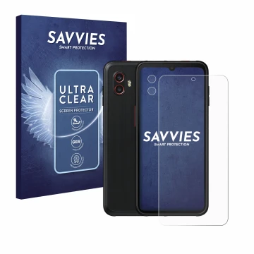 Parte frontal de un envase de producto con el logotipo de la marca Savvies. Al lado se muestra el dispositivo Samsung Galaxy X