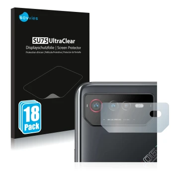 Parte frontal de un envase de producto con el logotipo de la marca Savvies. Al lado se muestra el dispositivo ASUS ROG Phone 6