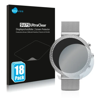 Parte frontal de un envase de producto con el logotipo de la marca Savvies. Al lado se muestra el dispositivo Fossil Stella (6