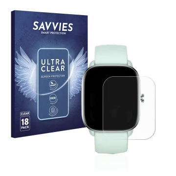 Parte frontal de un envase de producto con el logotipo de la marca Savvies. Al lado se muestra el dispositivo Huami Amazfit GT