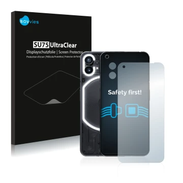 Parte frontal de un envase de producto con el logotipo de la marca Savvies. Al lado se muestra el dispositivo Nothing Phone (1