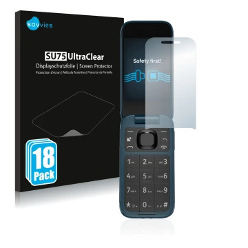 Parte frontal de un envase de producto con el logotipo de la marca Savvies. Al lado se muestra el dispositivo Nokia 2660 Flip 