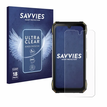 Parte frontal de un envase de producto con el logotipo de la marca Savvies. Al lado se muestra el dispositivo Doogee S89 Pro c