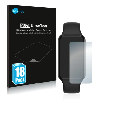 Parte frontal de un envase de producto con el logotipo de la marca Savvies. Al lado se muestra el dispositivo Huami Amazfit Ba