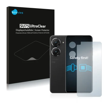 Parte frontal de un envase de producto con el logotipo de la marca Savvies. Al lado se muestra el dispositivo ASUS ZenFone 9 (
