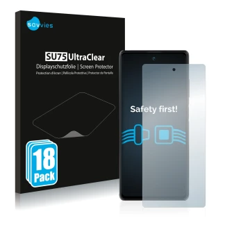 Parte frontal de un envase de producto con el logotipo de la marca Savvies. Al lado se muestra el dispositivo Blackview A100 c