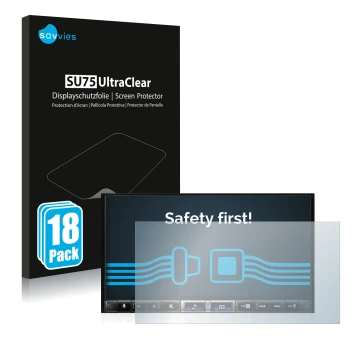 Parte frontal de un envase de producto con el logotipo de la marca Savvies. Al lado se muestra el dispositivo Alpine iLX-705D 