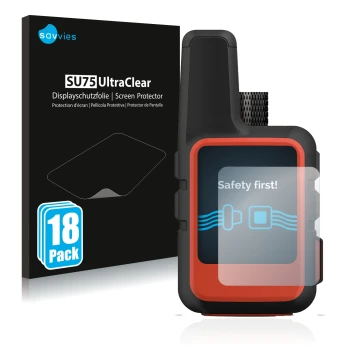 Parte frontal de un envase de producto con el logotipo de la marca Savvies. Al lado se muestra el dispositivo Garmin inReach M