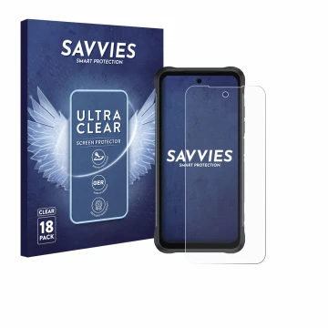 Parte frontal de un envase de producto con el logotipo de la marca Savvies. Al lado se muestra el dispositivo Umidigi Bison 2 