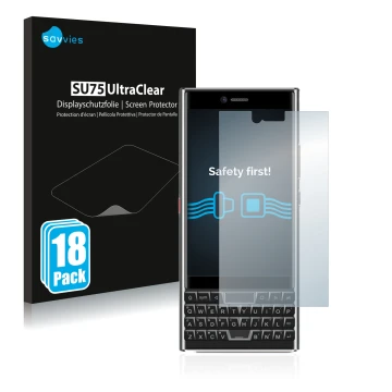 Parte frontal de un envase de producto con el logotipo de la marca Savvies. Al lado se muestra el dispositivo Unihertz Titan S