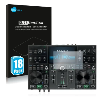 Parte frontal de un envase de producto con el logotipo de la marca Savvies. Al lado se muestra el dispositivo Denon DJ Prime G