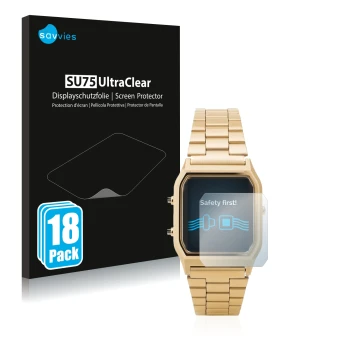 Parte frontal de un envase de producto con el logotipo de la marca Savvies. Al lado se muestra el dispositivo Casio AQ-230GA c