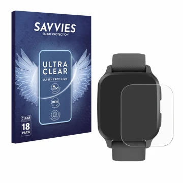 Parte frontal de un envase de producto con el logotipo de la marca Savvies. Al lado se muestra el dispositivo Garmin Venu Sq 2