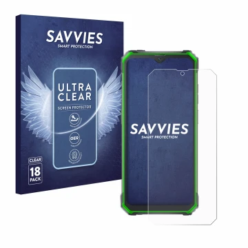 Parte frontal de un envase de producto con el logotipo de la marca Savvies. Al lado se muestra el dispositivo Blackview BV7100