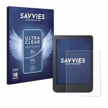 Parte frontal de un envase de producto con el logotipo de la marca Savvies. Al lado se muestra el dispositivo Kobo Clara 2E co