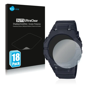 Parte frontal de un envase de producto con el logotipo de la marca Savvies. Al lado se muestra el dispositivo Casio G-Shock GA