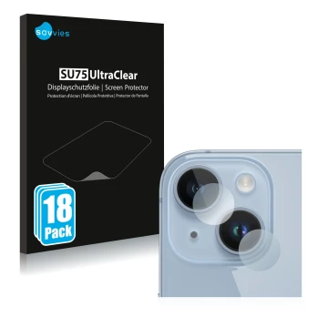 Parte frontal de un envase de producto con el logotipo de la marca Savvies. Al lado se muestra el dispositivo Apple iPhone 14 