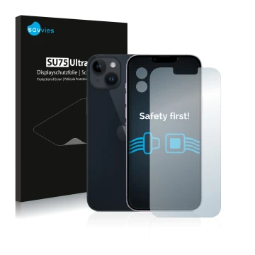 Parte frontal de un envase de producto con el logotipo de la marca Savvies. Al lado se muestra el dispositivo Apple iPhone 14 