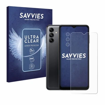 Parte frontal de un envase de producto con el logotipo de la marca Savvies. Al lado se muestra el dispositivo Samsung Galaxy A