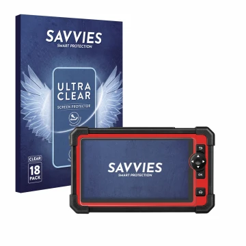 Parte frontal de un envase de producto con el logotipo de la marca Savvies. Al lado se muestra el dispositivo Launch X-431 CRP