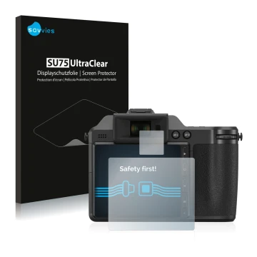 Parte frontal de un envase de producto con el logotipo de la marca Savvies. Al lado se muestra el dispositivo Hasselblad X2D 1