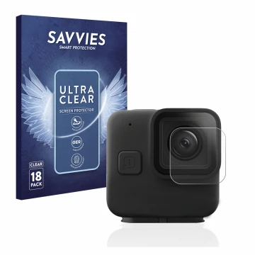 Parte frontal de un envase de producto con el logotipo de la marca Savvies. Al lado se muestra el dispositivo GoPro Hero 11 mi