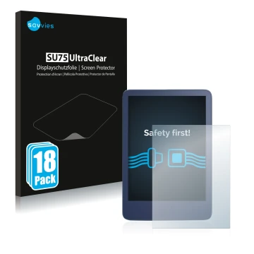 Parte frontal de un envase de producto con el logotipo de la marca Savvies. Al lado se muestra el dispositivo Amazon Kindle Re