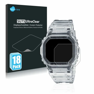 Parte frontal de un envase de producto con el logotipo de la marca Savvies. Al lado se muestra el dispositivo Casio G-Shock DW
