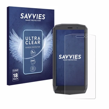 Parte frontal de un envase de producto con el logotipo de la marca Savvies. Al lado se muestra el dispositivo Cubot Pocket con