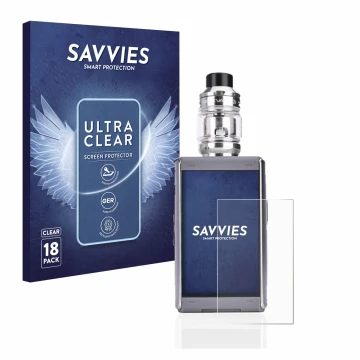 Parte frontal de un envase de producto con el logotipo de la marca Savvies. Al lado se muestra el dispositivo GeekVape T200 co