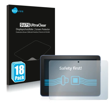 Parte frontal de un envase de producto con el logotipo de la marca Savvies. Al lado se muestra el dispositivo Amazon Fire HD 8