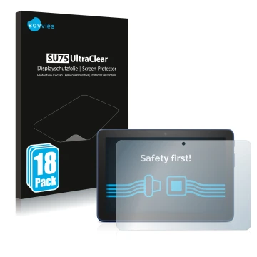 Parte frontal de un envase de producto con el logotipo de la marca Savvies. Al lado se muestra el dispositivo Amazon Fire HD 8