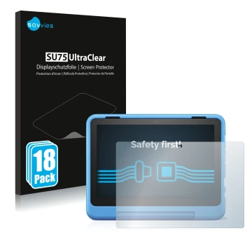 Parte frontal de un envase de producto con el logotipo de la marca Savvies. Al lado se muestra el dispositivo Amazon Fire HD 8