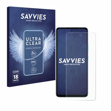 Parte frontal de un envase de producto con el logotipo de la marca Savvies. Al lado se muestra el dispositivo Motorola Moto G7
