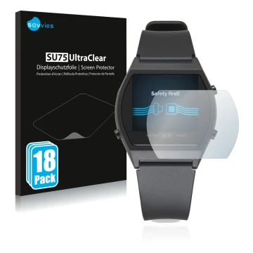 Parte frontal de un envase de producto con el logotipo de la marca Savvies. Al lado se muestra el dispositivo Casio LW-204-1BE