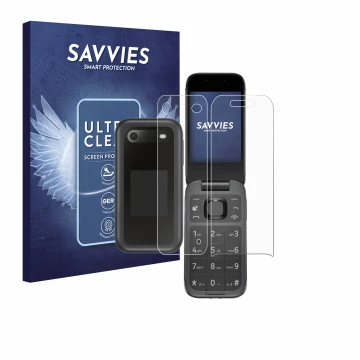 Parte frontal de un envase de producto con el logotipo de la marca Savvies. Al lado se muestra el dispositivo Nokia 2660 Flip 