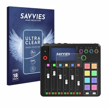 Parte frontal de un envase de producto con el logotipo de la marca Savvies. Al lado se muestra el dispositivo Rode Rodecaster 