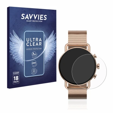 Parte frontal de un envase de producto con el logotipo de la marca Savvies. Al lado se muestra el dispositivo Skagen Falster G